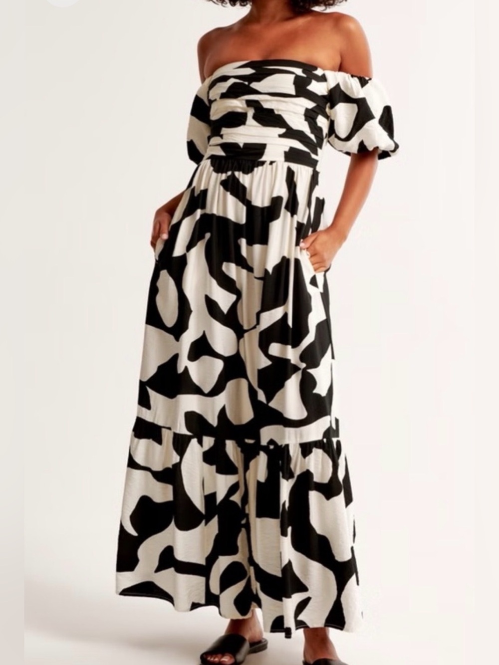 Abercrombie & Fitch Off‑Shoulder Ruched Maxi Dress XS Black White Print